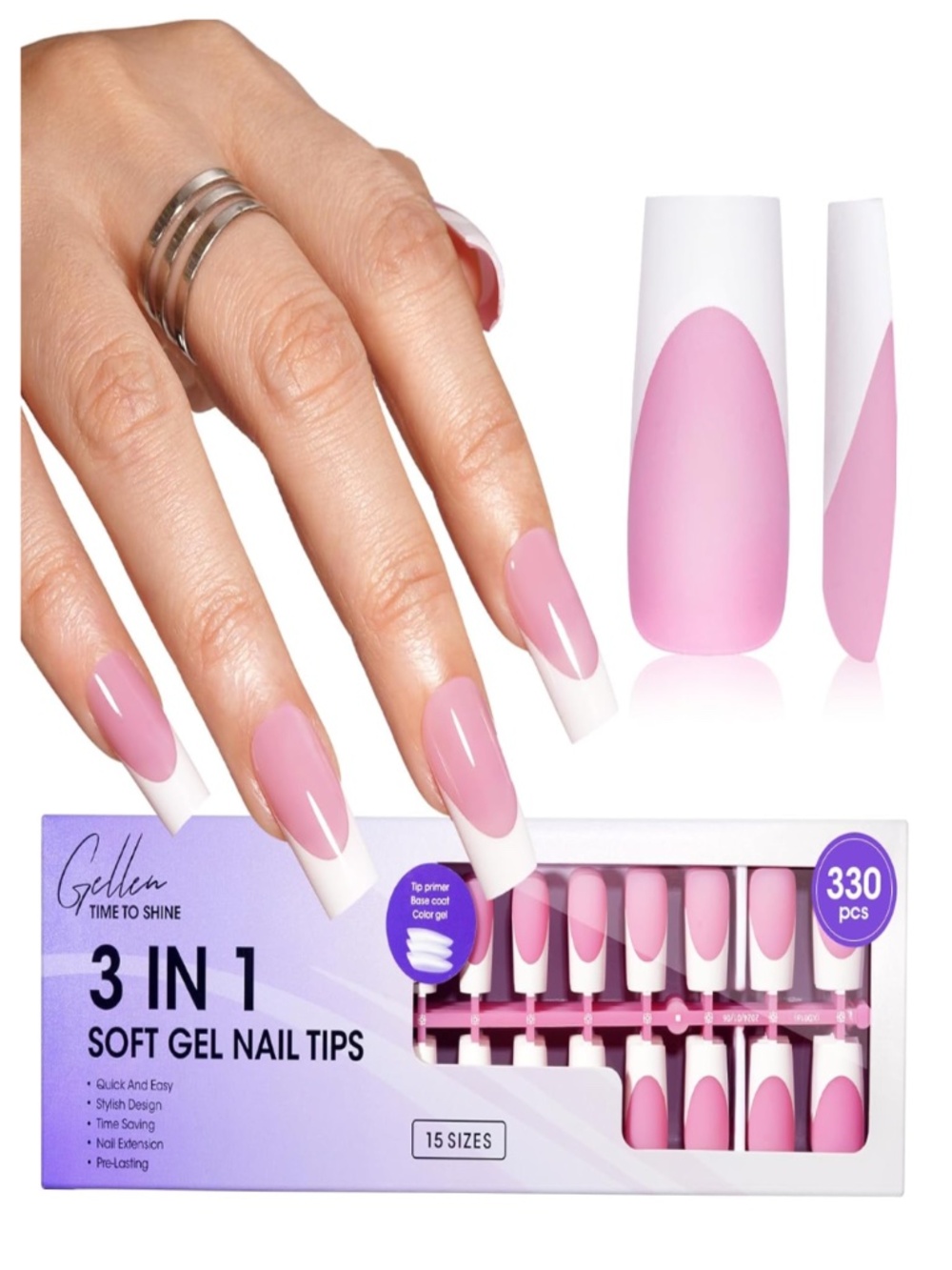 Gellen Long Square French Tip Press on Nails